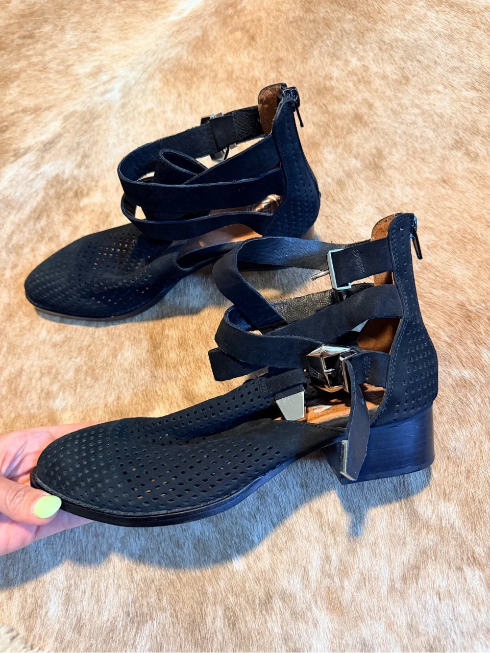 Jeffrey Campbell Black Perforated Suede Ankle Booties with Buckle Straps